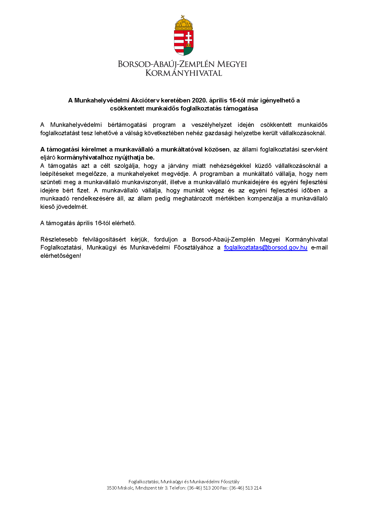 A Munkahelyvédelmi Akcióterv keretében 2020. április 16-tól már igényelhető a csökkentett munkaidős foglalkoztatás támogatása